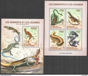 IC20 2014 IVORY COAST AFRICAN FAUNA SNAKES & LIZARDS REPTILES #1529-2+BL193 MNH