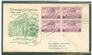 US 782 1936 3c Arkansas centennial (block of four) on an addressed first day cover with an Arkansas centennial commission cachet