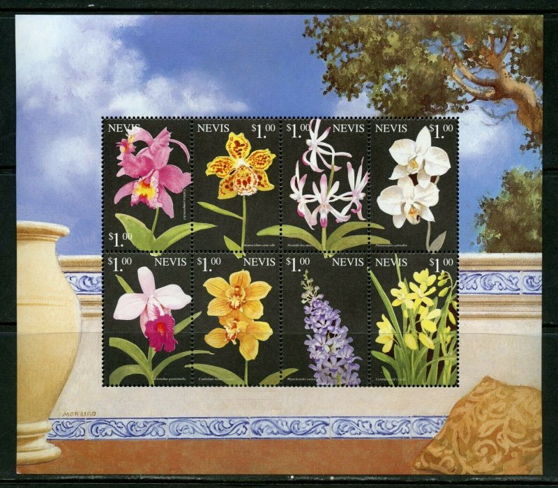 NEVIS FLOWERS SHEET OF EIGHT PART I  MINT NH 