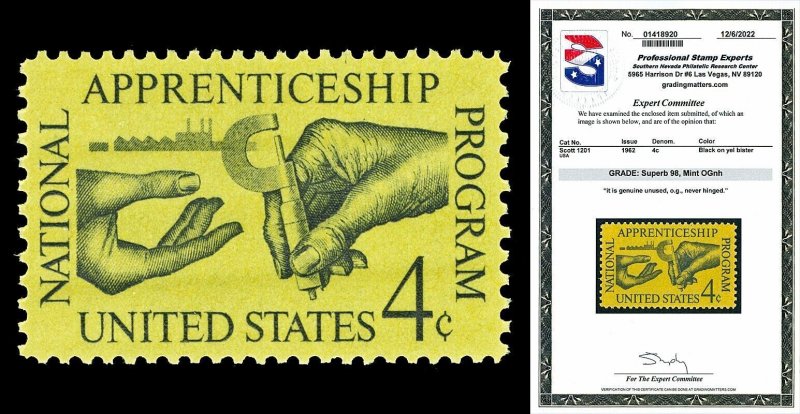 Scott 1201 1962 4c Apprenticeship Issue Mint Graded Superb 98 NH with PSE CERT!