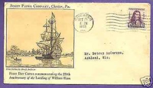 724  WILLIAM PENN 3c 1932, CHESTER, PA., SCOTT PAPER CO. FIRST DAY COV...