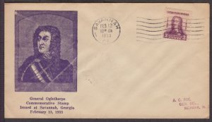 1933 Oglethorpe Sc 726-10 FDC A. C. Roessler cachet Savannah GA