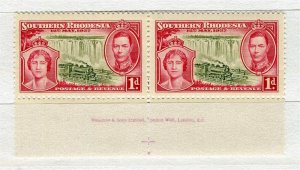 RHODESIA; 1937 early GVI Inscription MINT MNH Pair of 1d. value