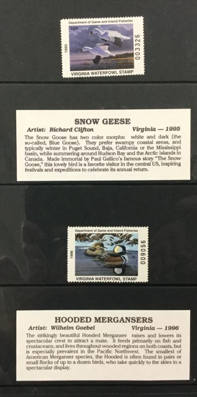 (BJ Stamps) VIRGINIA STATE DUCK STAMP collection (6). 1993-1998. VF, MNH.