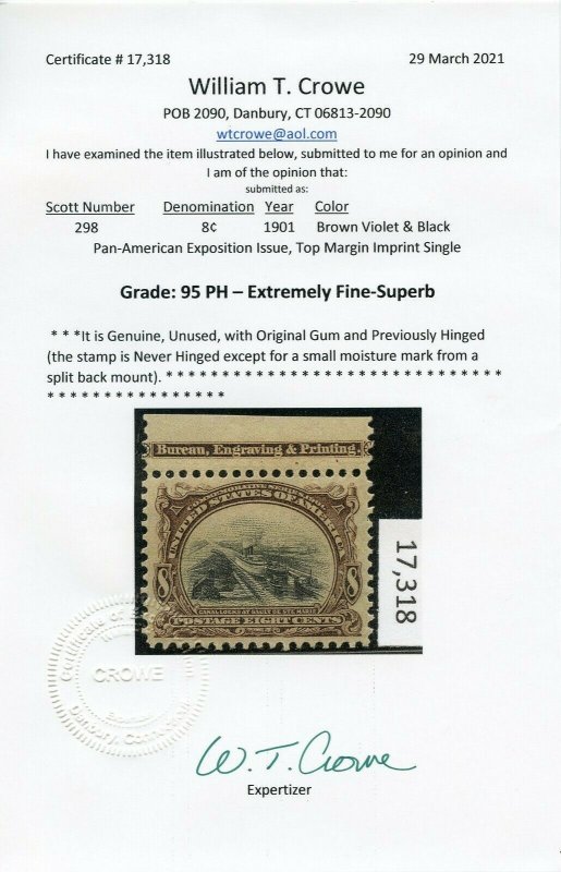 US SCOTT #298 MINT-XF-SUP-OG-LH-NH GRADED 95 W/ CROWE CERT (5/6/21 GP)