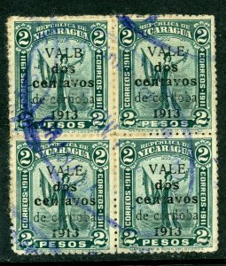 Nicaragua 1913 Liberty Gold Currency 2¢/2P Blue Green Sc 323 Block VFU W959