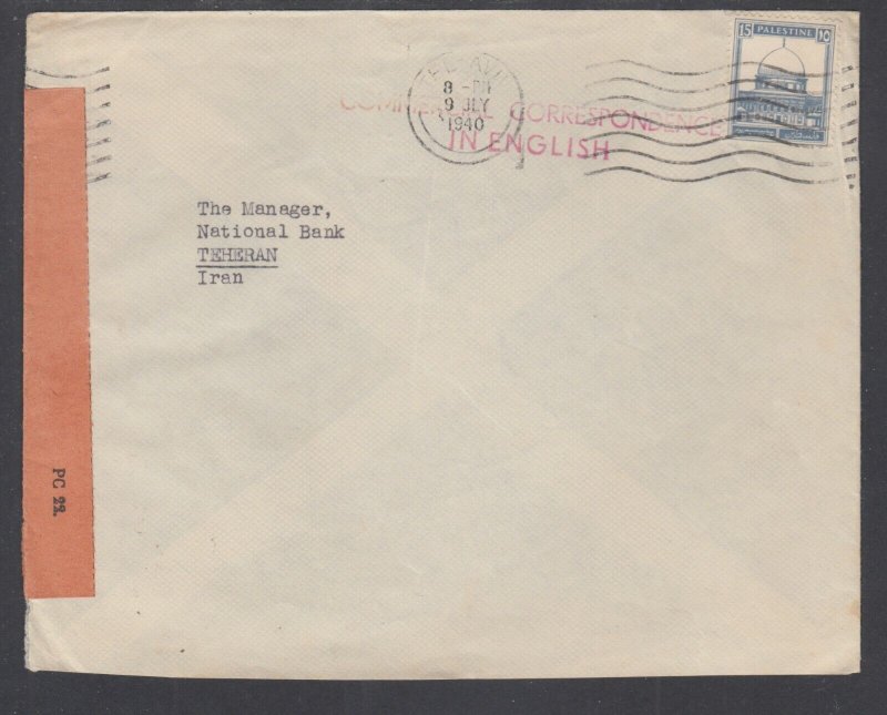 Palestine Sc 76 used on 1940 Censored Cover