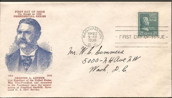 826 FDC - Chester A. Arthur Prexie - Espenshade Cachet