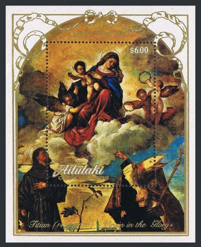 Aitutaki 443 sheet, MNH. Michel 662 Bl.74. Christmas 1989. Titian.