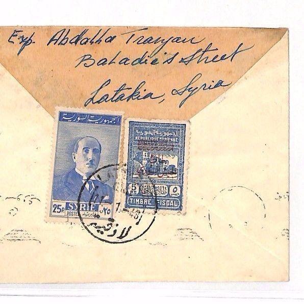 AJ320 1948 SYRIA Lattakiato USA Cover. Revenue stamp {samwells-covers}