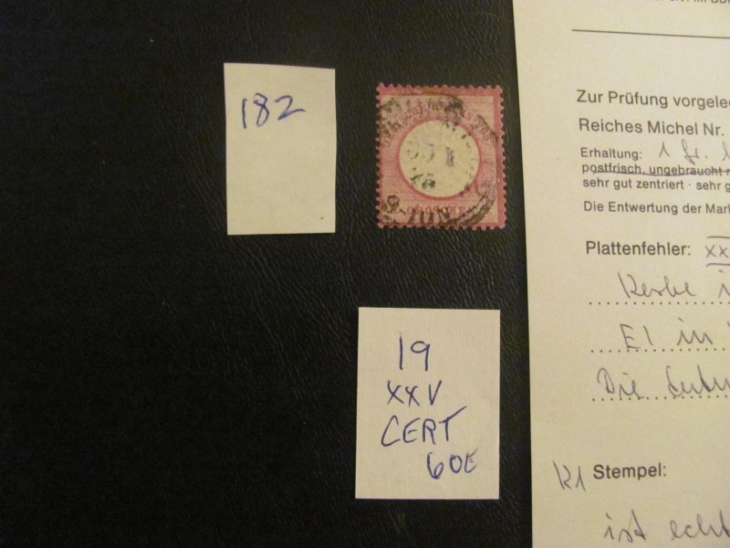 Germany 1872 USED CERT. SOMMER MI. 19XXV PLATENFEHLER SC 17 VAR. VF 60 EUR (182)