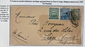 1922 La Paz Bolivia Postal Stationery Cover To Liege Belgium Via Panama Seal