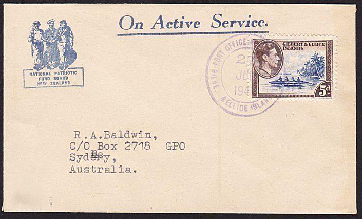 GILBERT & ELLICE IS 1945 GVI 5d on cover US type FUNAFUTI cds..............68785