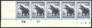 1954 South Africa Animal 4 1/2d Scott #206 Sheet Corner STRIP F/VF-H/NH-