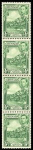 Grenada 1938 KGVI ½d yellow-green vertical COIL JOIN strip of four MNH. SG 153b.