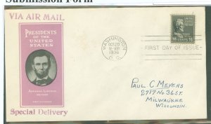 US 821 1938 16c Abraham Lincoln (part of the Presidential/Prexy series) on an addressed FDC with an Ioor cachet