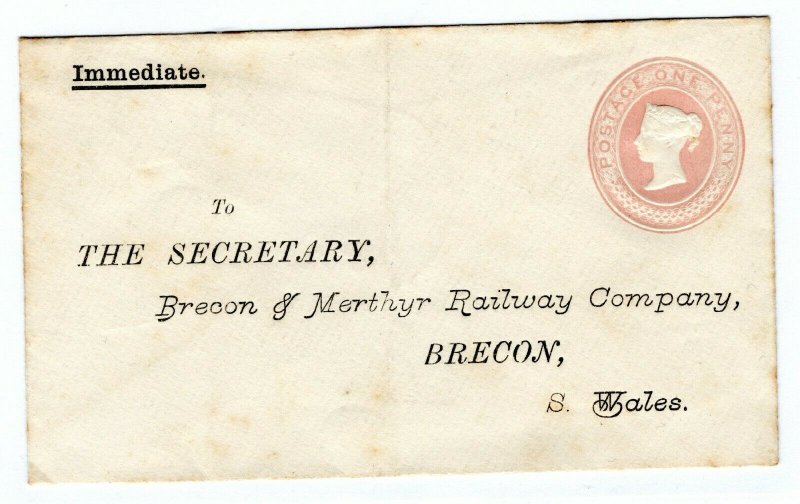 GB WALES QV Early Railway Co Stationery *BRECON & MERTHYR* 1d Pink Unused PE292 