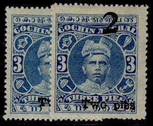 INDIAN STATES - Cochin GV SG48 + 48b, 2p on 3p PERF VARIETIES, NH MINT. Cat £28.