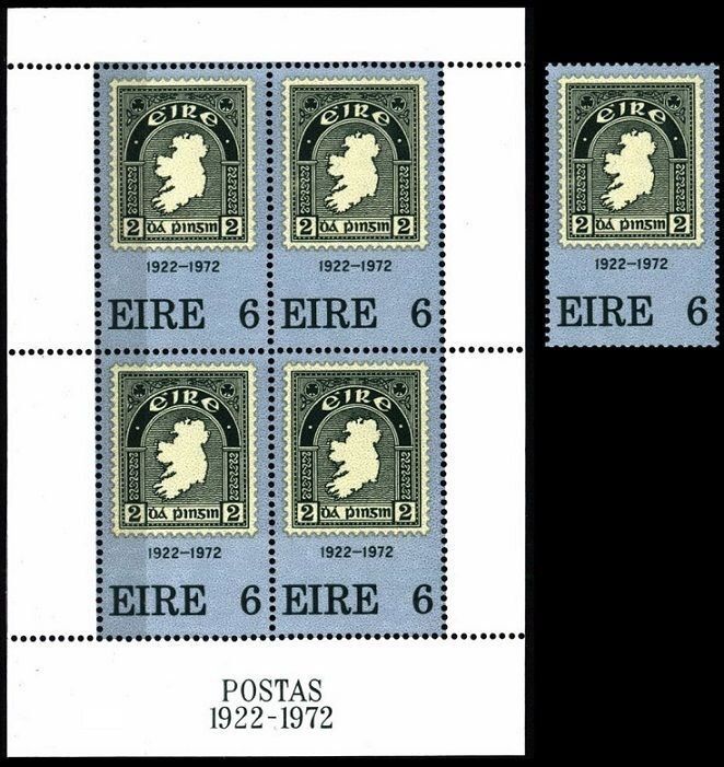 IRELAND 1972 1st Stamp - 50. Stamps on Stamps, Map. 1v and Souvenir sheet, MNH