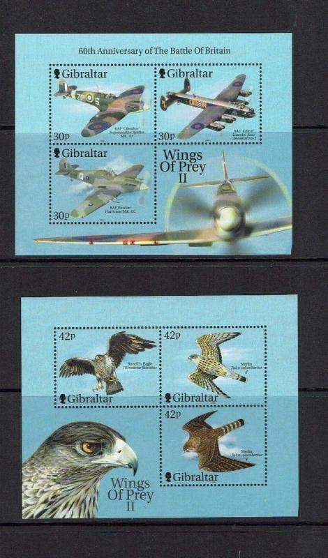 Gibraltar: 2000, Wings of Prey, 2nd series, birds, aircraft, MNH set +2 M/S