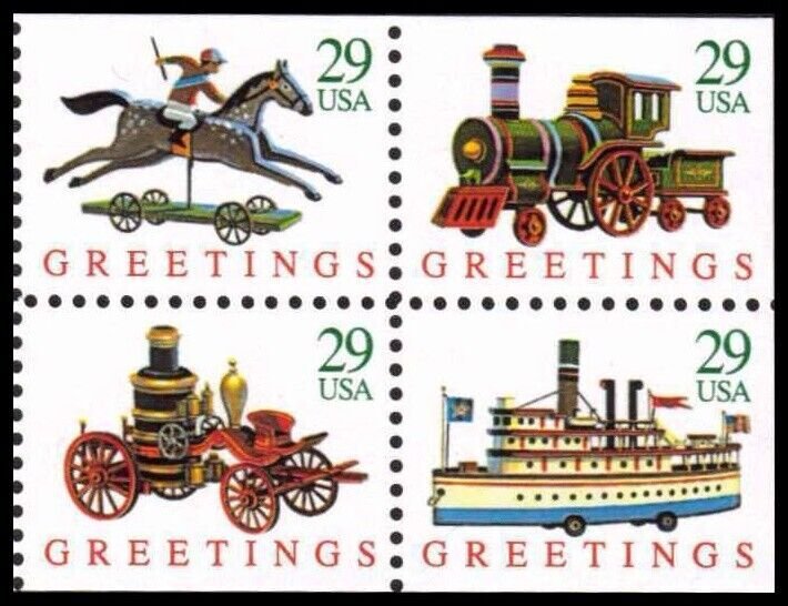 US 2715-2718 2718a Holiday Greetings Toys 29c block 4 MNH 1992