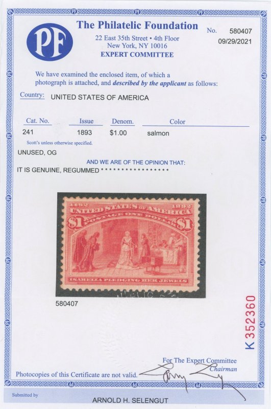 USA 241 - 1 Dollar Columbian - VF Mint Regummed with 2021 PF Certificate