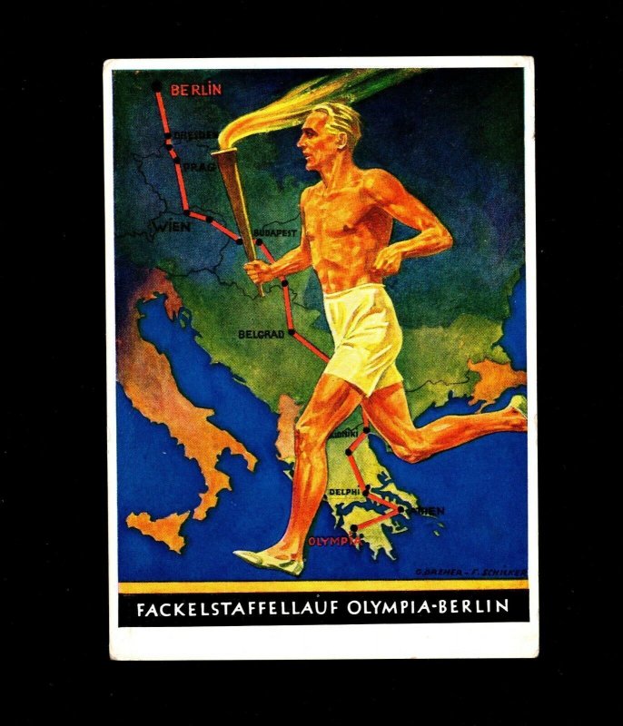 Germany 1936 Olympics Torchbearer Postcard Olympic Stadium Cancel Sport Fund 10