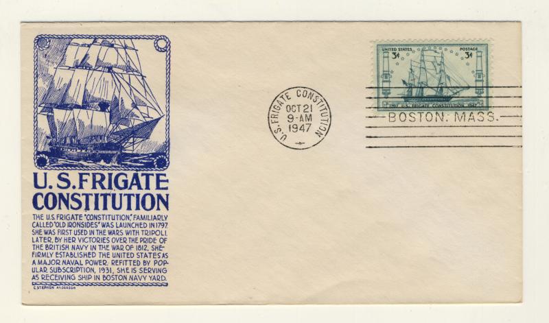 US - 1947 Scott 951 FDC 3c Frigate Constitution (C. Stephen Anderson Cachet) b