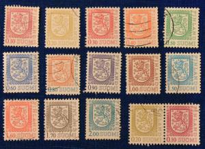 FINLAND 13 DIFFERENT & 1 BOOKLET PAIR USED COAT OF ARMS DEFINITIVE STAMPS