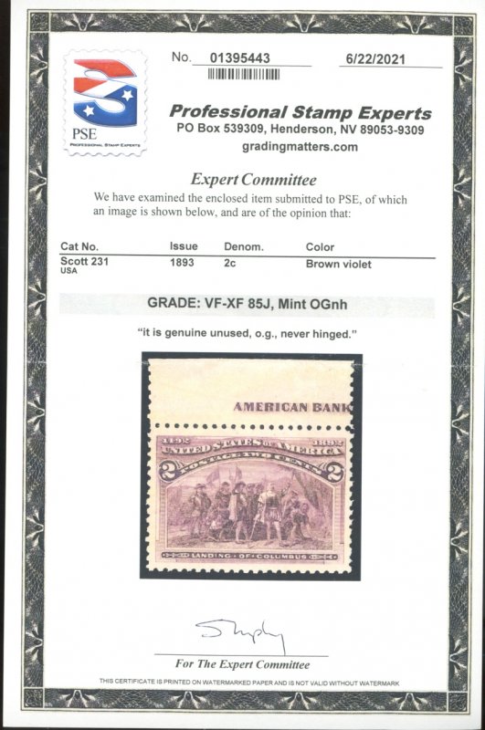 U.S. #231 MINT WITH PSE CERT OG NH VF-XF 85J