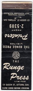 Canada Revenue 1/5¢ Excise Tax Matchbook THE RUNGE PRESS Ottawa, Ont.