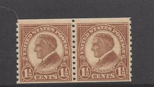 United States, 598, 1 1/2 Warren G. Harding Brown Coil Pair F-VF, **MNH** HB