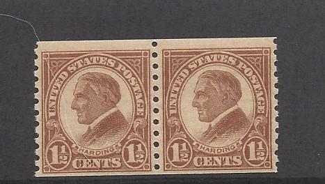 United States, 598, 1 1/2 Warren G. Harding Brown Coil Pair F-VF, **MNH** HB