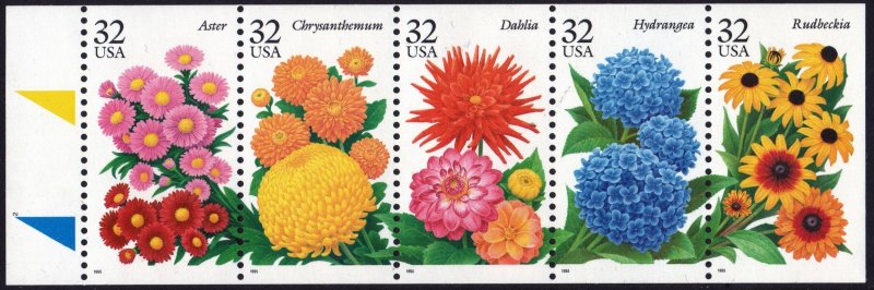 SC#2993-97 32¢ Fall Garden Flowers Unfolded Booklet Pane (1995) MNH