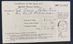 1940 England British Money Order Cover Payable At Tel Aviv Palestine