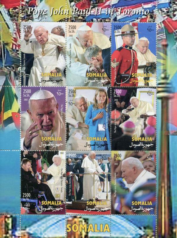 Somalia 2002 MNH Pope John Paul II Toronto 9v M/S Popes Famous People Stamps