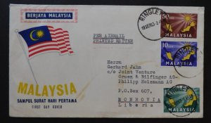 1963 Ringlet Malaysia First Day Cover to Monrovia Liberia with Stamp Enclosure