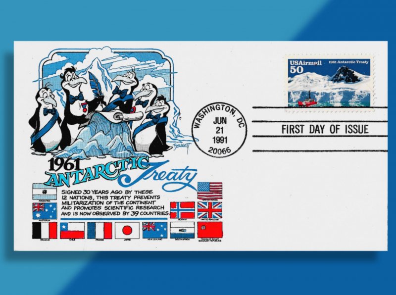 Penguin Council Signs Antarctic Treaty - C130 Airmail FDC Shows Flags