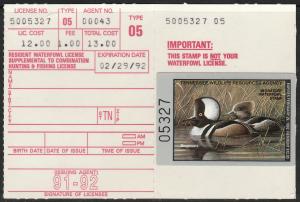 U.S.-TENNESSEE 15, STATE DUCK HUNTING PERMIT STAMP 2 PART CARD. MINT, NH. VF