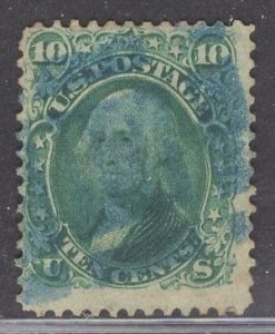 US Stamp #68 10c Green Washington  USED SCV $55.00. Fantastic Blue Geo Cancel