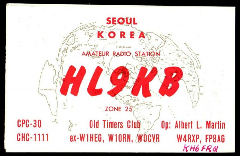 QSL Radio Card HL9KB,Old Timers Club,Albert L. Martin, Seoul, Korea (Q3183)