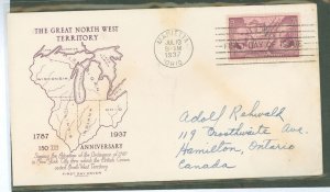 US 795 1937 3c Northwest territory ordinance (single) on an addressed fdc with a Grimsland cachet.