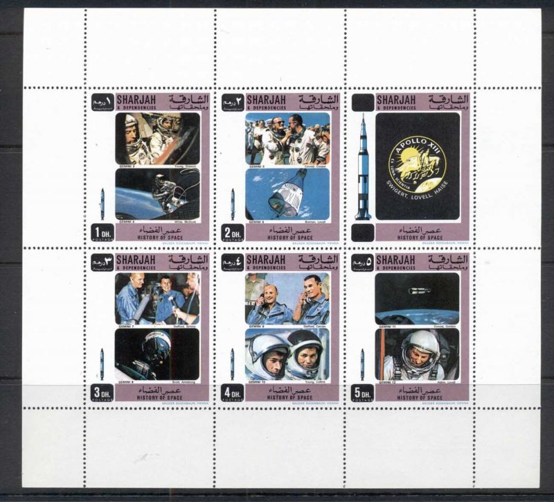 Sharjah 1970 Mi#686-690 History of Space Research MS MUH