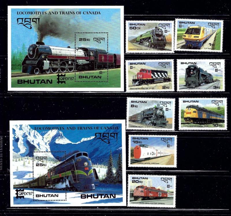 Bhutan 597-606 MNH 1987 Trains with S/S