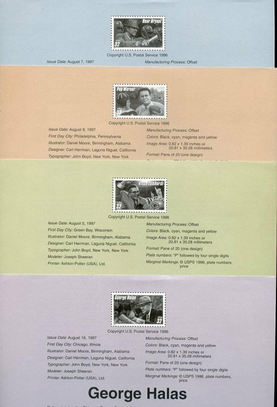 UNITED STATES 1997 FOOTBALL COACHES SET OF FOUR SOUVENIR PAGES FD CANCELED 