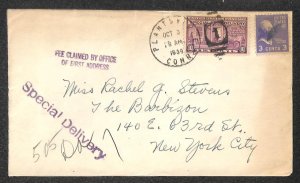 USA E15 & PREXY STAMP PLANTSVILLE CONNECTICUT TO NY SPECIAL DELIVERY COVER 1939