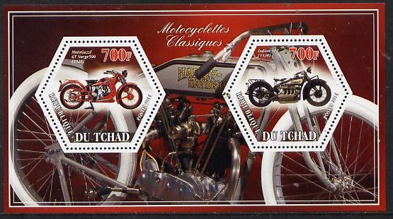 Chad 2014 Motorcycles #1 perf sheetlet containing two hex...