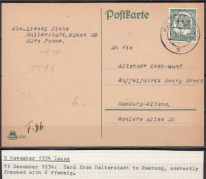 Germany - 11.12.1934 6pf Schiller as single franking on card to Hamburg (1977)