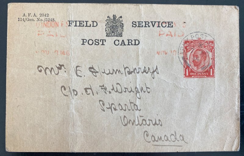 1914 Canadian Army Overseas England Postcard Cover To Sparta Canada WWI 