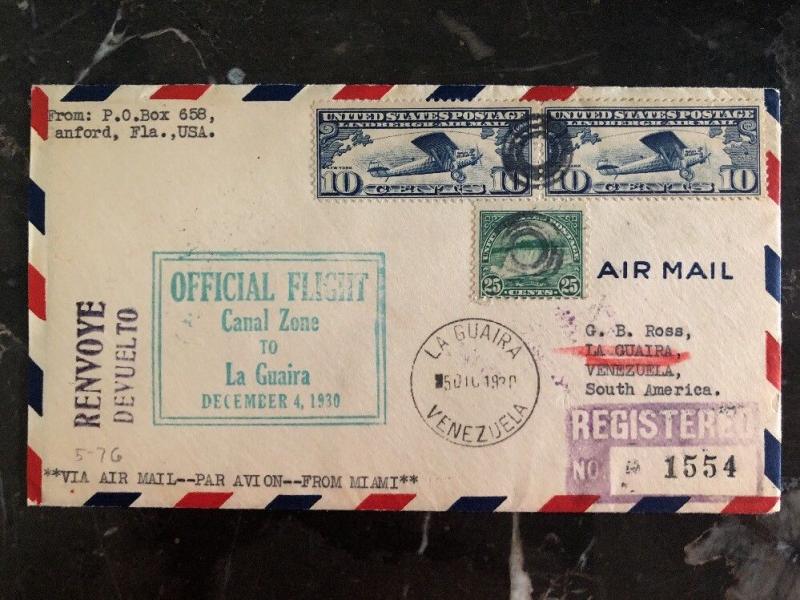 1930 Sanford USA First Flight cover FFC Via Canal Zone To Venezuela